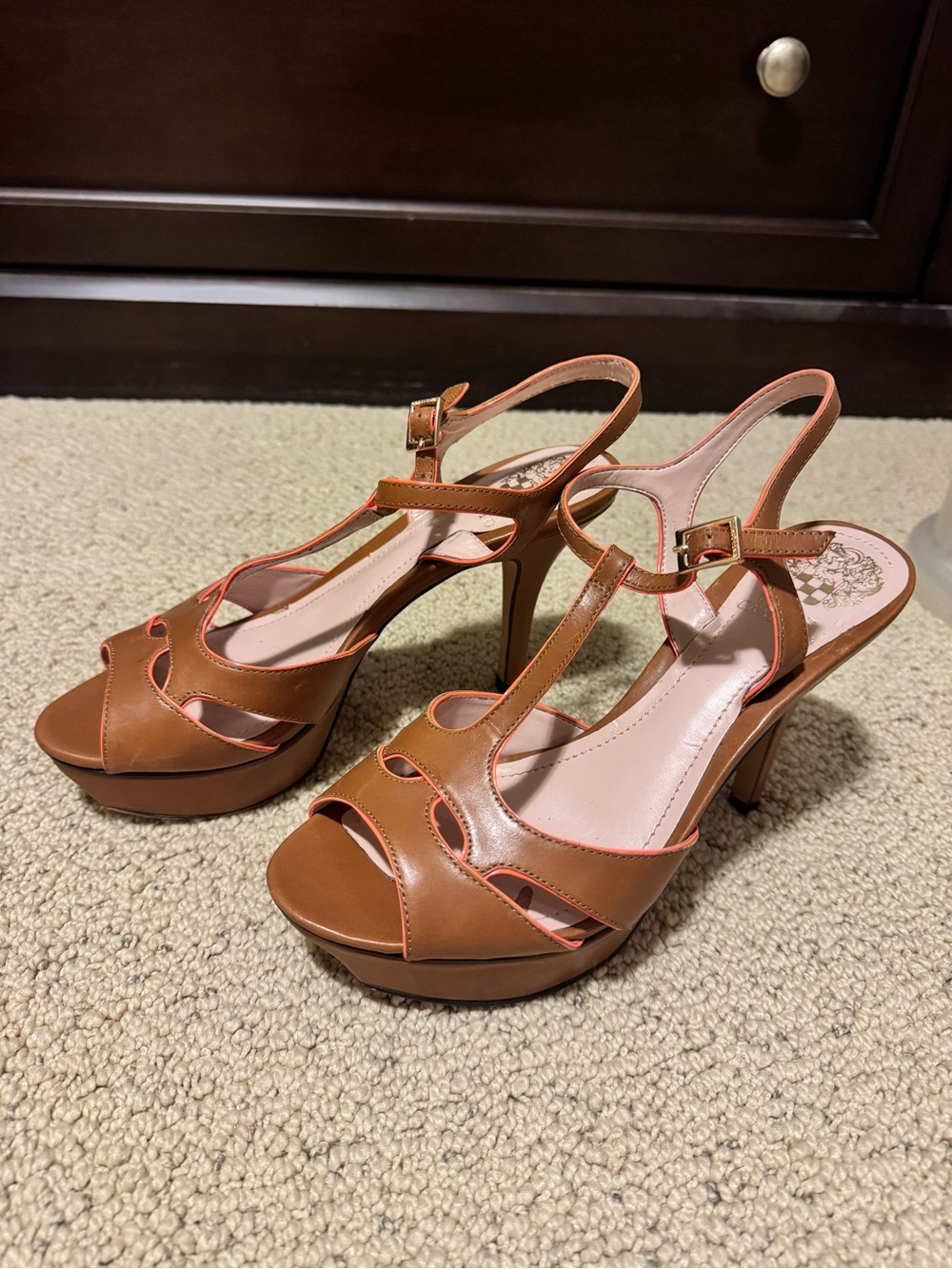 Vince Camuto Cognac Leather T-Strap Platform Heels